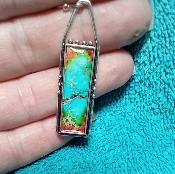 Turquoise and Orange Rectangular Wire Dangle Earrings - Picture 2 of 3